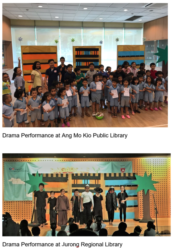 Children in uniforms hold certificates at Ang Mo Kio Library; costumed kids perform on stage at Jurong Regional Library.